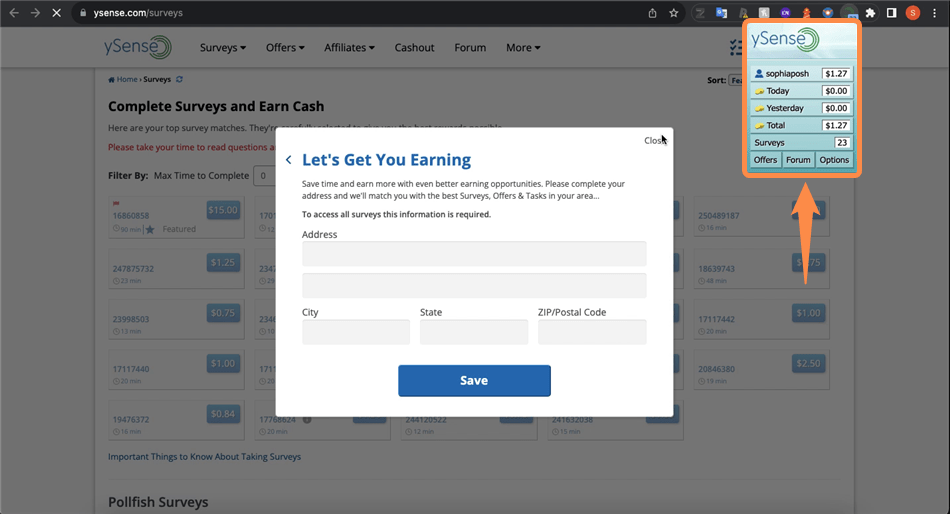 Viewing the ySense browser add-on.