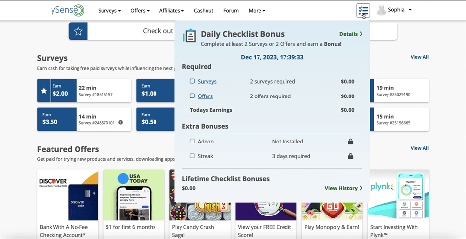 Viewing the ySense Daily Checklist.