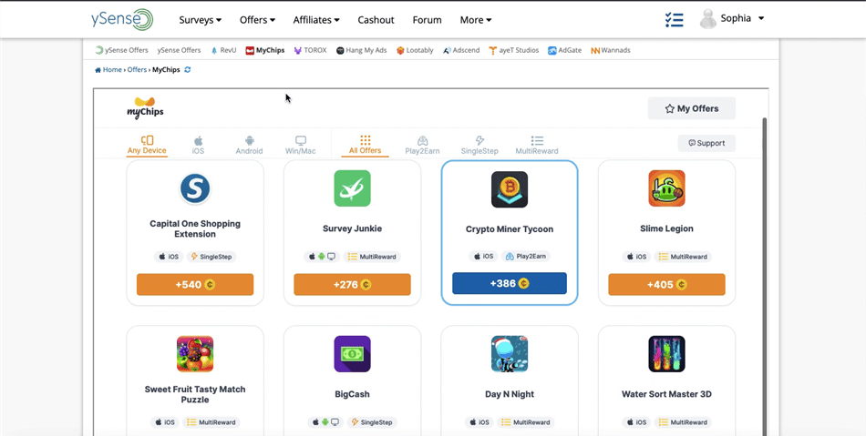 Games and other offers on ySense’s OfferWalls page.