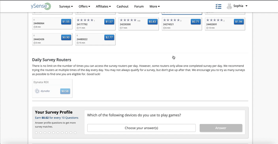 Survey Profile questions on ySense.