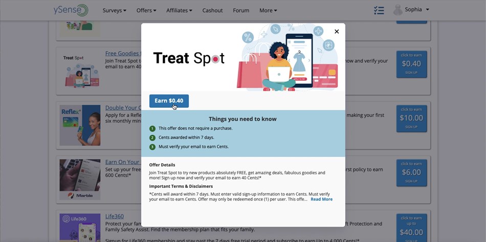 Signing up for ySense offers to earn rewards.