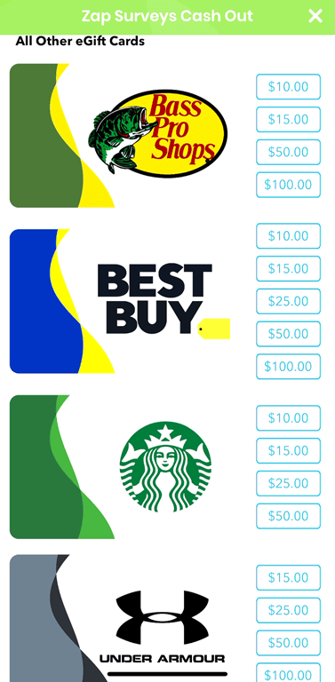 Gift card redemption options on the Zap Surveys mobile app.
