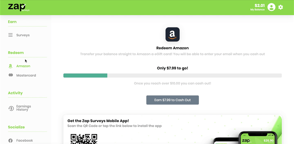 Progress toward the Zap Surveys minimum payout.