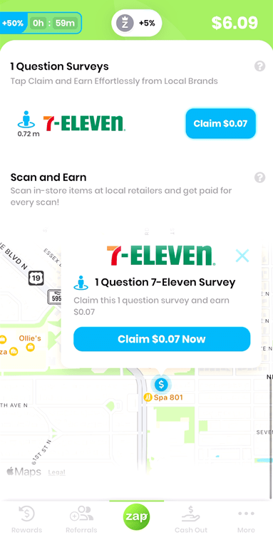 Zap Surveys showing a one-question survey promising a modest reward. 