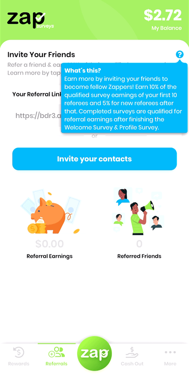 Referral opportunities on the Zap Surveys app