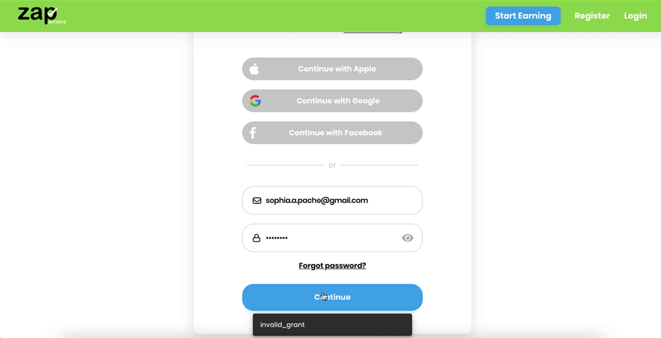 Receiving an error message during the Zap Surveys signup process.