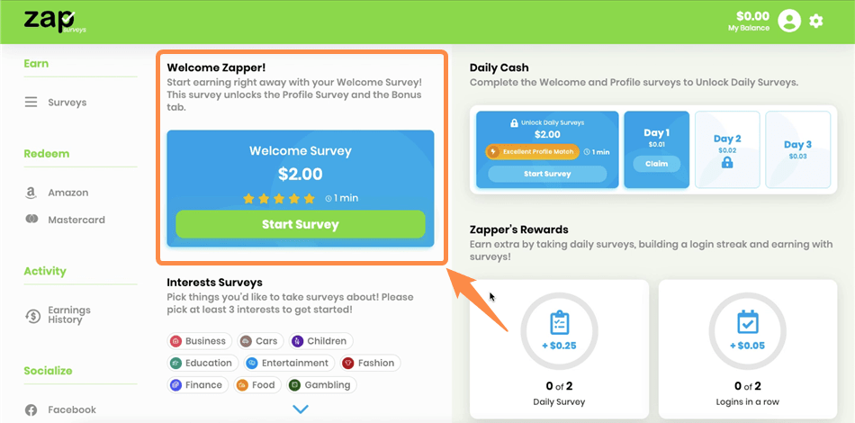 The Welcome Survey on the Zap Surveys site.