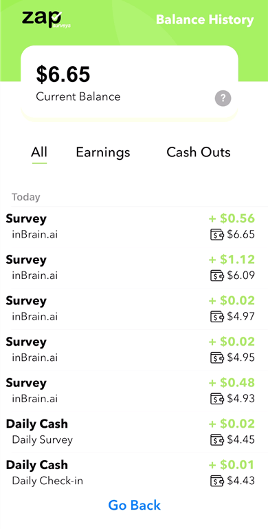 Viewing the Zap Surveys account history tab.