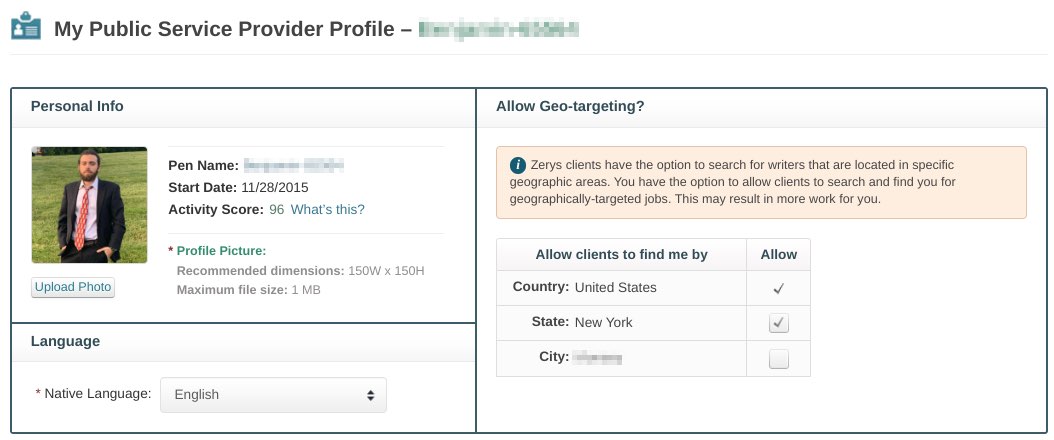 Screenshot of a writer's profile on Zerys.