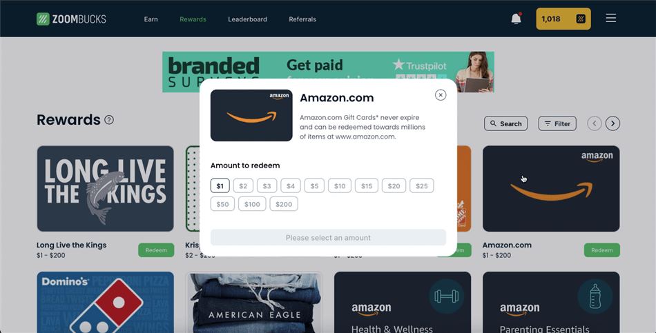 Denominations available for redeeming Zoombucks points as an Amazon gift card.