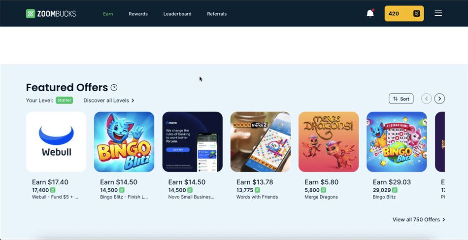 Featured offers on the Zoombucks rewards site.