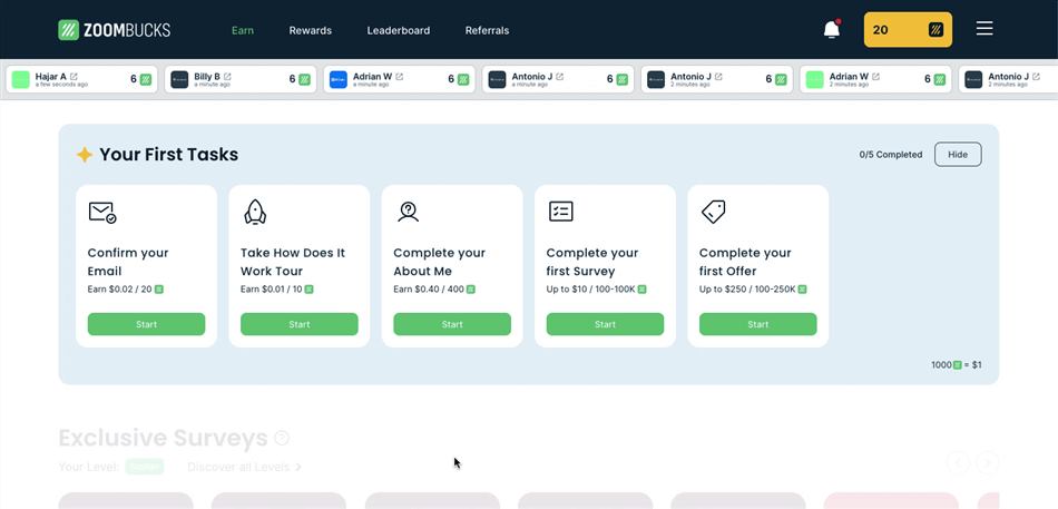 Introductory tasks suggested after completing the Zoombucks sign up process.