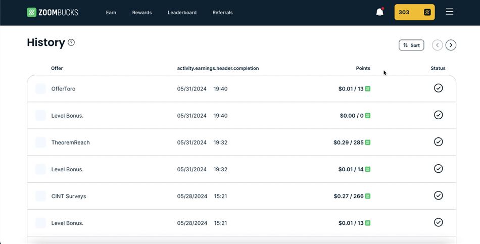 Zoombucks account history featuring survey and offer rewards