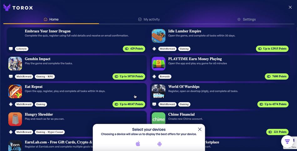 Offer wall from a Zoombucks partner called Torox.