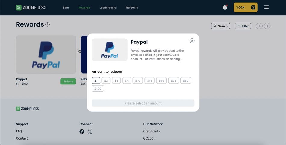 PayPal redemption options on the Zoombucks survey site.