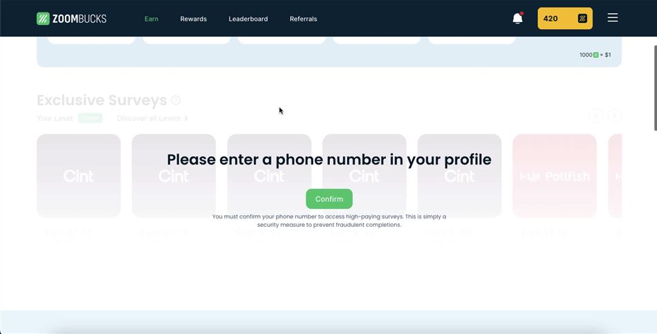 Zoombucks requesting your phone number.