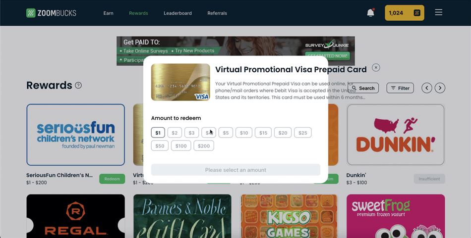 Prepaid Visa redemption option on Zoombucks.