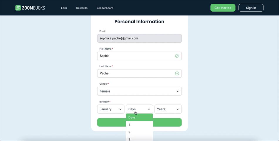 Form for joining the Zoombucks rewards site.